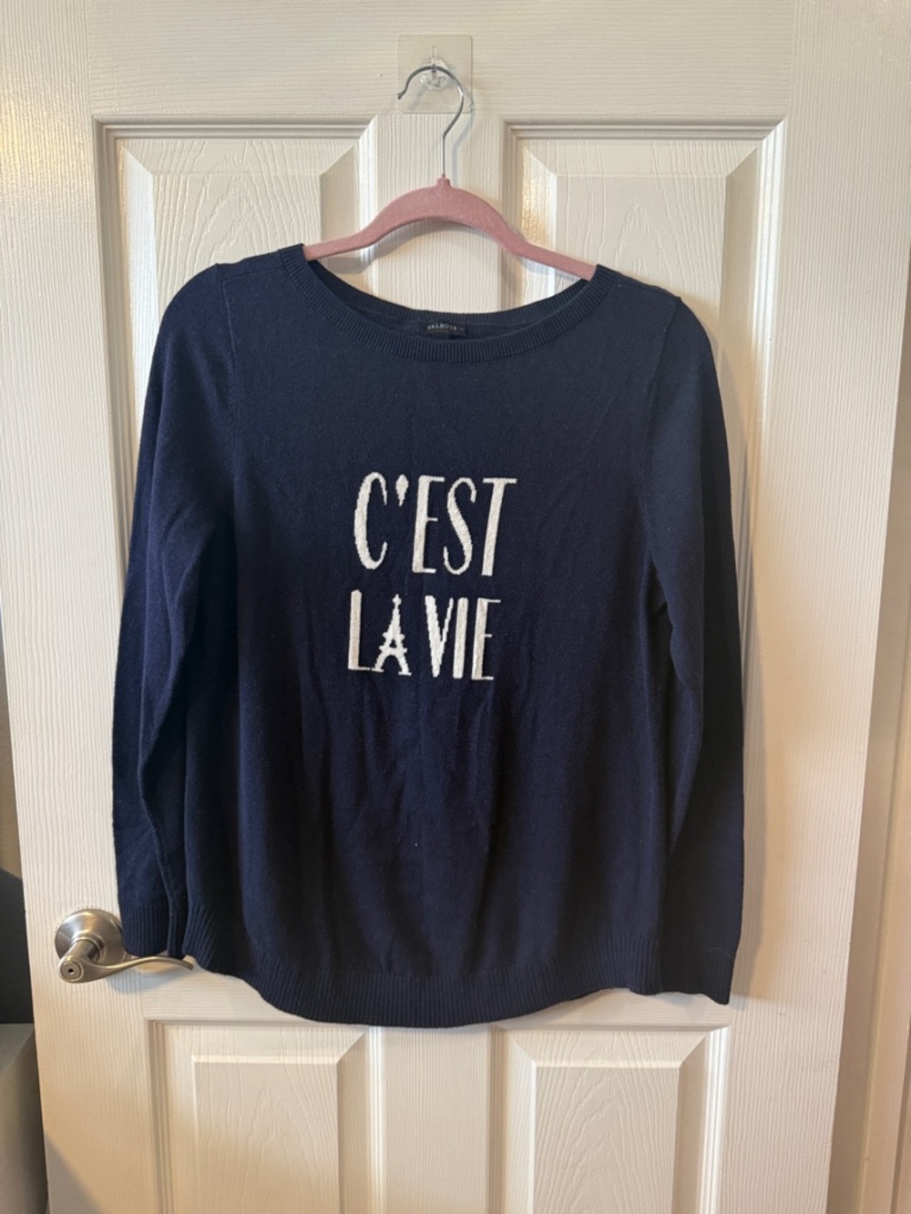 Talbots Navy Blue "C'EST LA VIE" Knit Sweater